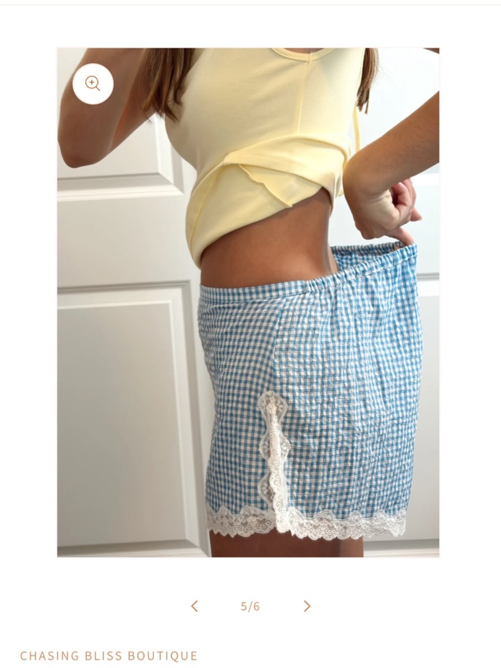 Olivaceous Blue Gingham Lace Trim Women's Shorts - Picture 3 of 4